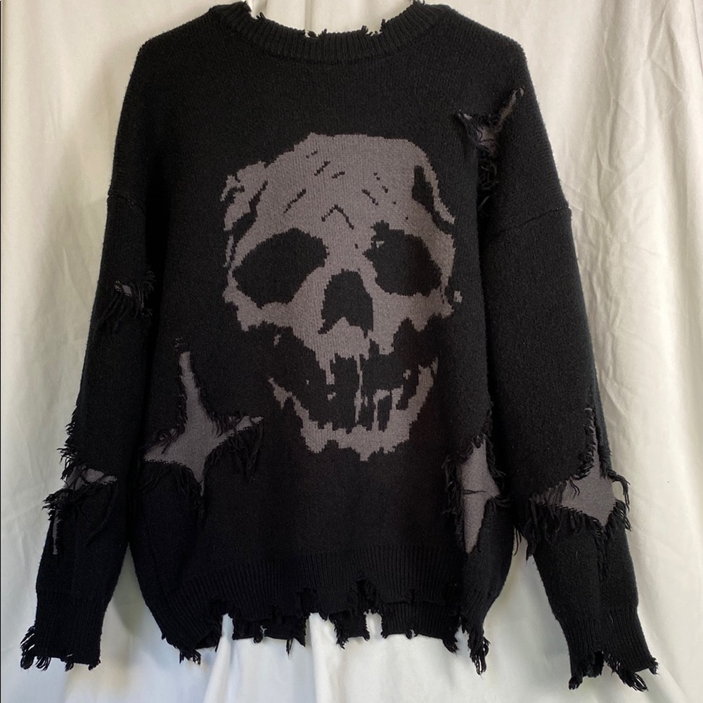 Black Distressed Skull Sweater